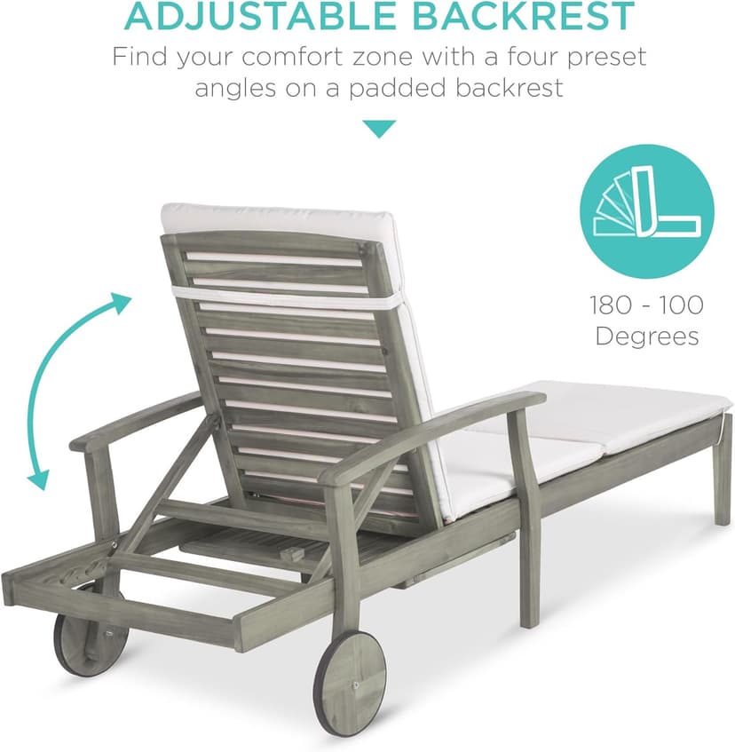 Best Choice Products 79x26in Acacia Wood Chaise Lounge Chair Recliner, Outdoor Furniture for Patio, Poolside w/Slide-Out Side Table, Foam-Padded Cushion, Adjustable Backrest, Wheels - Gray/Cream