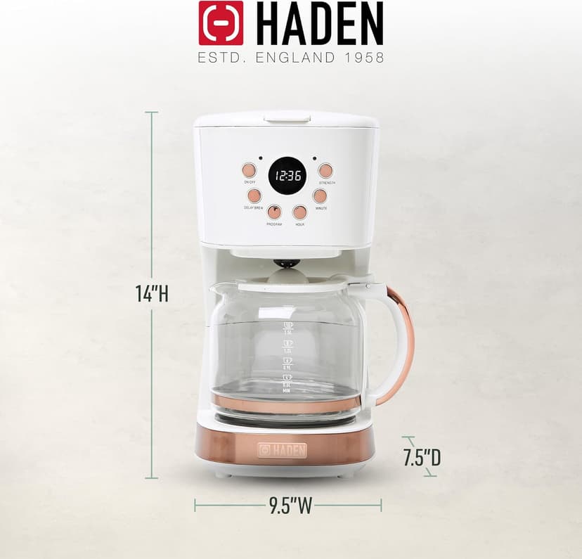 Haden Coffee Machine, 12 Cup Programmable Drip Coffee Maker with Auto Shut-Off Function and Reusable Washable Water Filter, Ivory & Copper