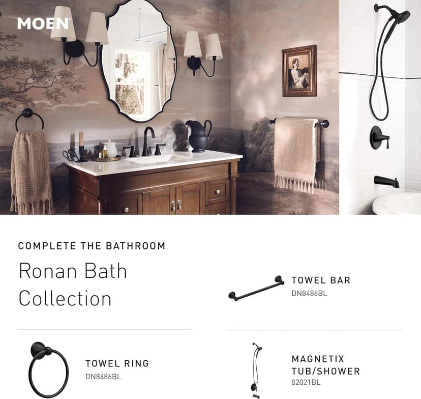 Moen Ronan Matte Black One-Handle Single Hole Modern Bathroom Sink Faucet with Optional Deckplate and Spring Loaded Drain Assembly, 84021BL