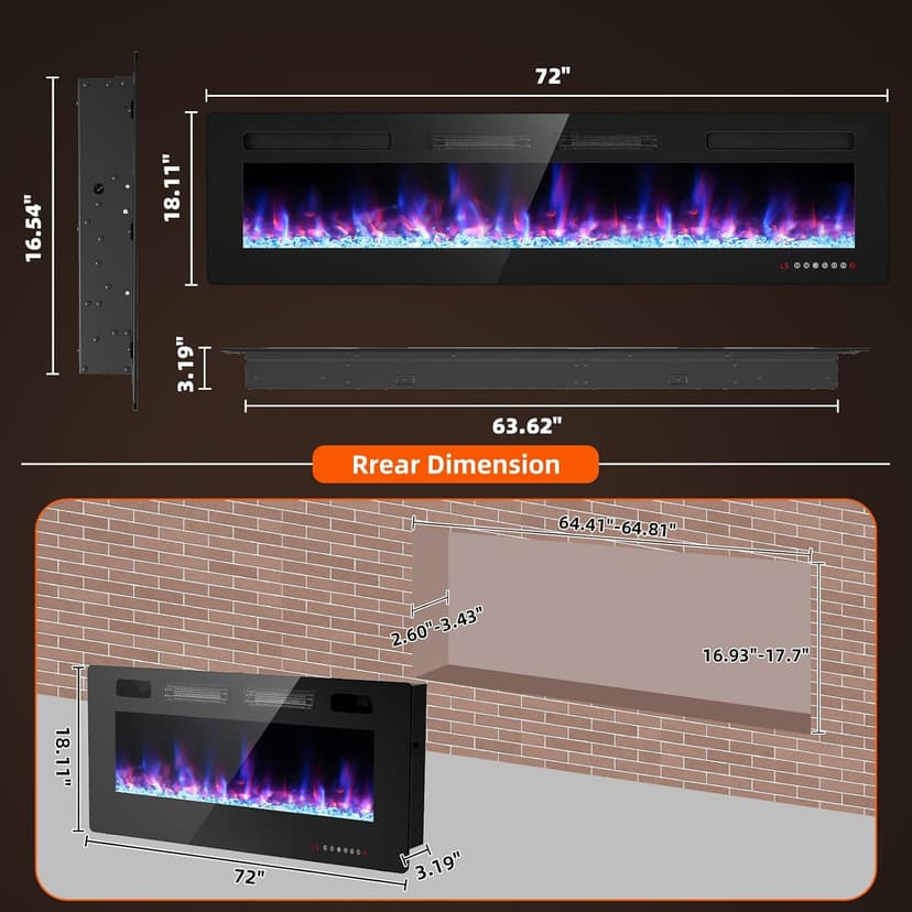 Electric Fireplace-72 inch Fireplace Wall Mount/Recessed/Free Standing-Ultra Thin Wall Fireplace Electric with Remote Control, Timer, Double Heat Vent, 750w/1500w