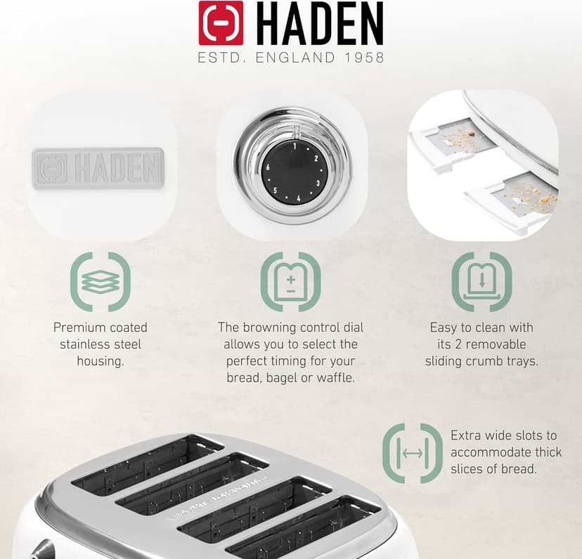 HADEN Heritage Stainless Steel Body Retro Electric Tea Kettle, White and Haden Heritage 4 Slice Wide Slot Stainless Steel Retro Toaster, White