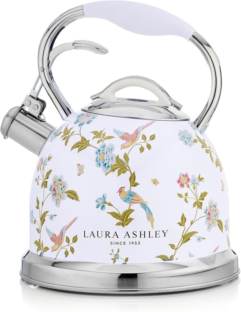 Laura Ashley Elveden White Stovetop Kettle with Whistle - 2.5L Fast Boil Stainless Steel Kettle Stove Top - Silicon Coated Cool Handle Camping Kettle for Gas, Induction Hob - Compatible with Aga Stove