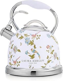 Laura Ashley Elveden White Stovetop Kettle with Whistle - 2.5L Fast Boil Stainless Steel Kettle Stove Top - Silicon Coated Cool Handle Camping Kettle for Gas, Induction Hob - Compatible with Aga Stove