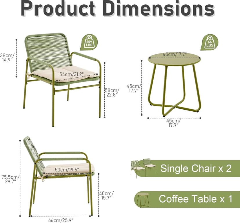 3-Piece Outdoor Wicker Patio Bistro Set, All-Weather Rattan Conversation Set with Round Side Table, Patio Furniture Set with Cushions for Deck, Balcony, Poolside, Porch and Yard, Green