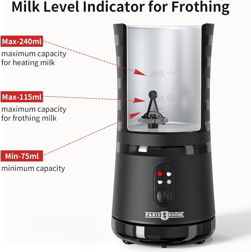 Paris Rhône Milk Frother, 4-in-1 Milk Steamer and Frother, Hot & Cold Foam Milk Warmer with Temperature Control, Auto Shut-Off Frothers for Coffee, Latte, Cappuccino, Macchiato