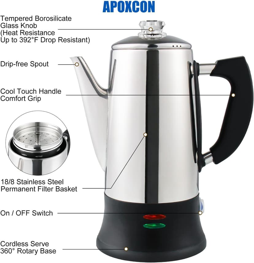Electric Coffee Percolator Stainless Steel Coffee Maker with Heat Resistant Tough Glass Clear Brew Progress Knob, Keep Warm & Cordless Serving Classic Coffee Pot with On/OFF Switch 12 Cup
