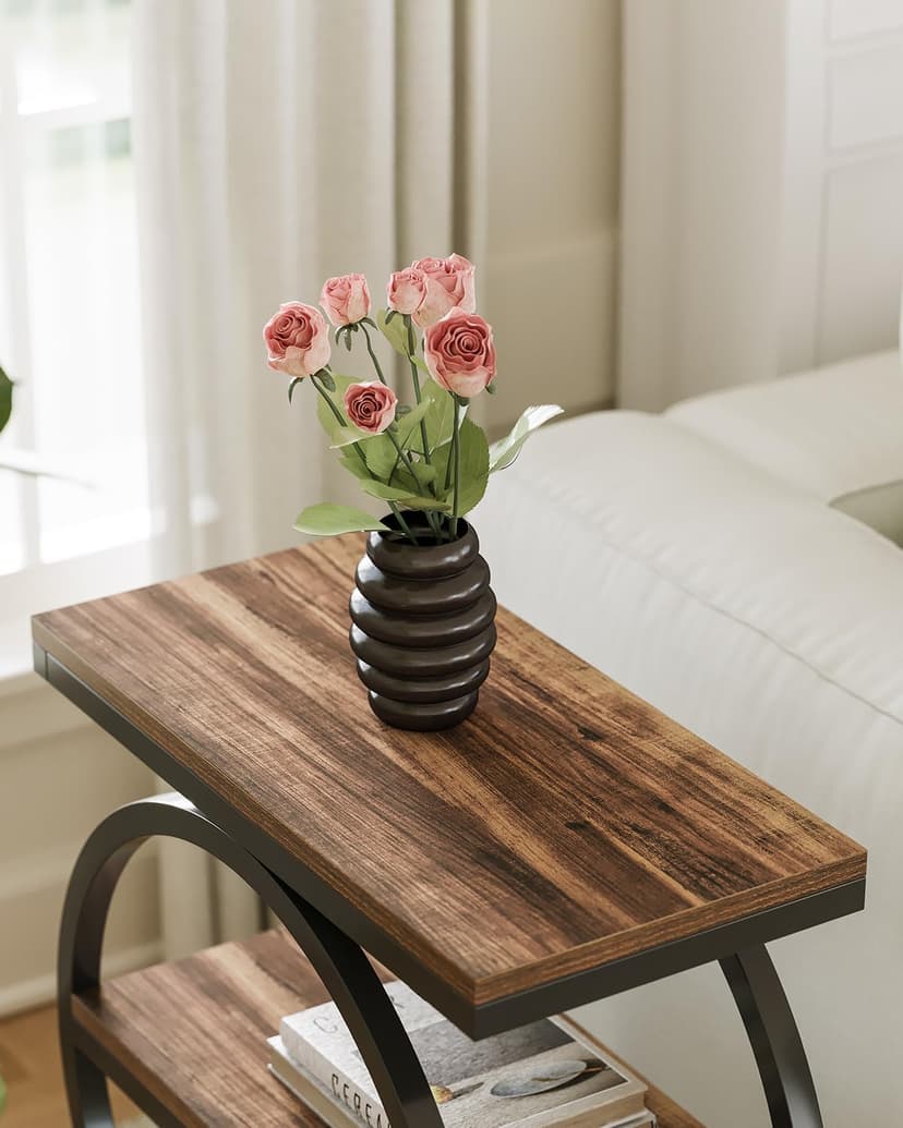 LITTLE TREE End Table, 3-Tier Side Table, Slim Sofa Side Table for Living Room, Tall Bedside Table Nightstand for Bedroom, Rustic Brown and Black