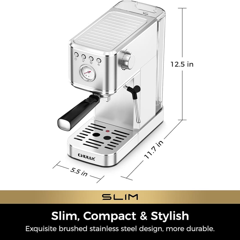 CHULUX Slim Espresso Machine with Milk Frother Steam Wand, 20 Bar Professional Italian Pump Espresso Coffee Machine for Home Cappuccino & Latte Maker, Silver