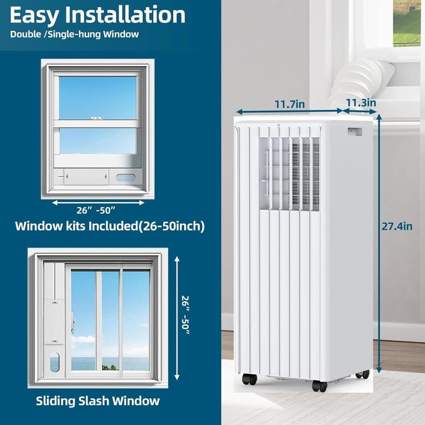 8,000 BTU Portable Air Conditioner for Indoor Rooms, 3-In-1 AC Unit for Bedroom 250-350 Sq.Ft, Dehumidifier, Fan, Sleep Mode, 24 Timer, Remote Control, Window Kits