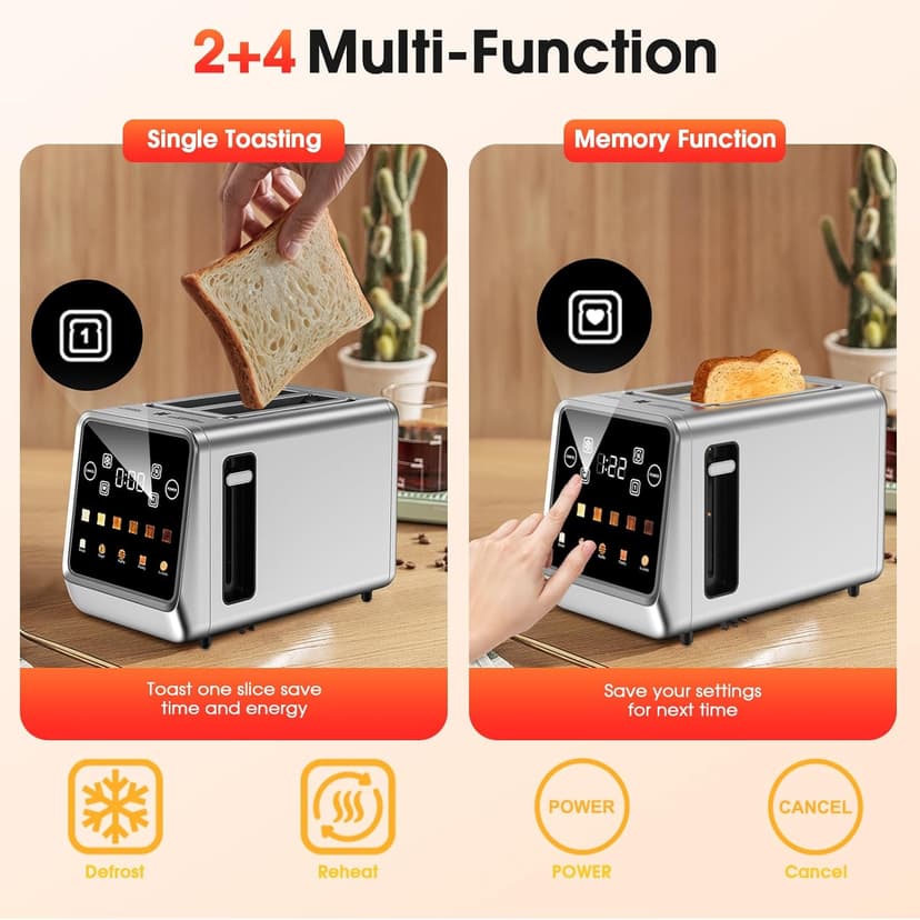 2 Slice Toaster Touch Screen with 1.5" Wide Slots & Memory Recall | 900W Fast Even Toast | LCD Display + 6 Shade Settings for Bagels & Thick Bread