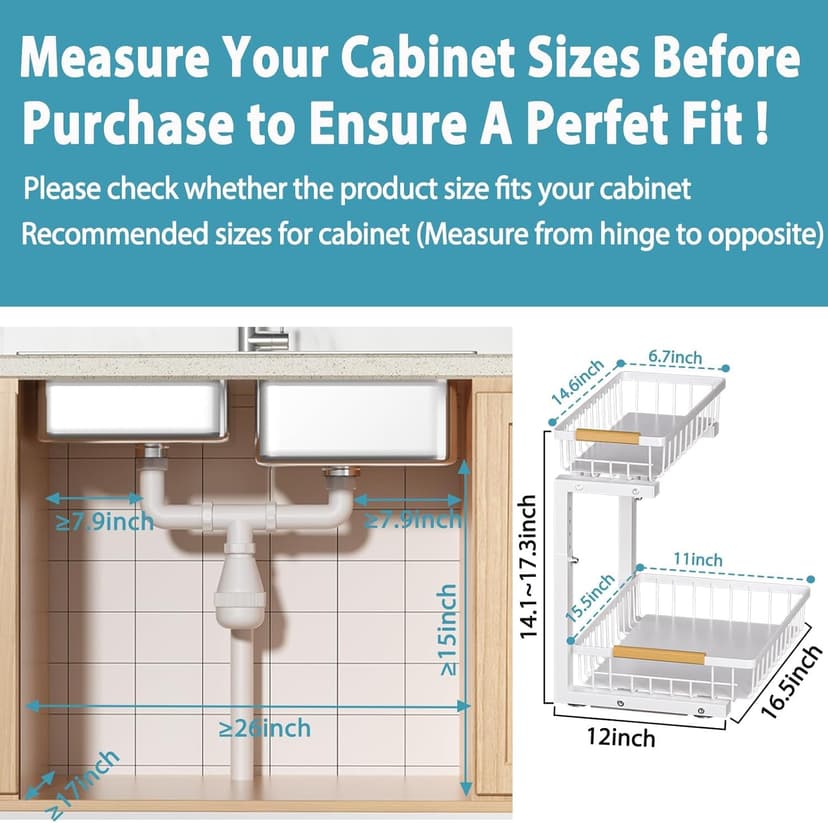 Under Sink Organizer 2 pack, 2 Tier Slide Out Under Sink Organizers And Storage, Height Adjustable Pull Out Cabinet Drawers, Kithcen Bathroom Metal Storage Caddy Shelf, White