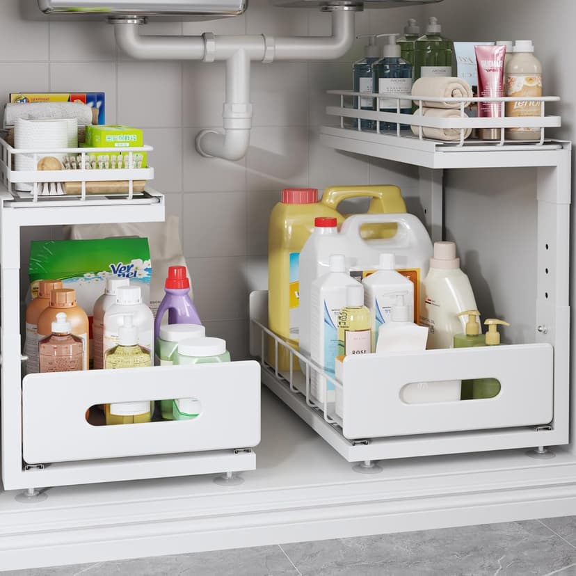 2 Pack Under Sink Organizer with Smooth Ball Bearing Slides, 2-Tier Pull Out Cabinet Storage, Slide Out Drawers for Bathroom and Kitchen, Under Sink Shelf, Rust-resistant Coating, Height Adjustable