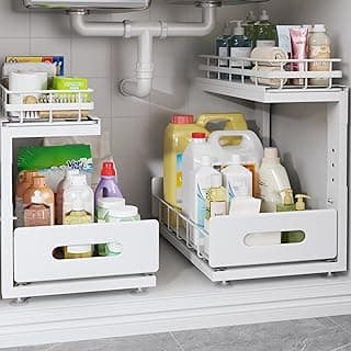 2 Pack Under Sink Organizer with Smooth Ball Bearing Slides, 2-Tier Pull Out Cabinet Storage, Slide Out Drawers for Bathroom and Kitchen, Under Sink Shelf, Rust-resistant Coating, Height Adjustable