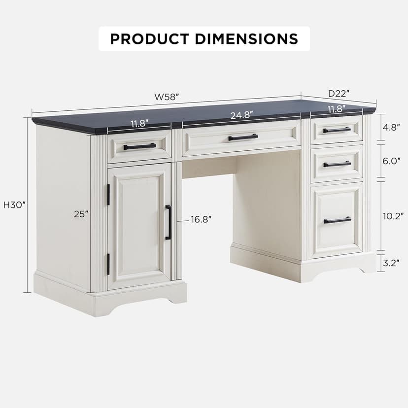 JXQTLINGMU 58" Executive Desk, Farmhouse Computer Desk with Drawers and Cabinet, Embossed Texture Home Office Desk w/Charging Station, Workspace for Work Study Writing, Off White