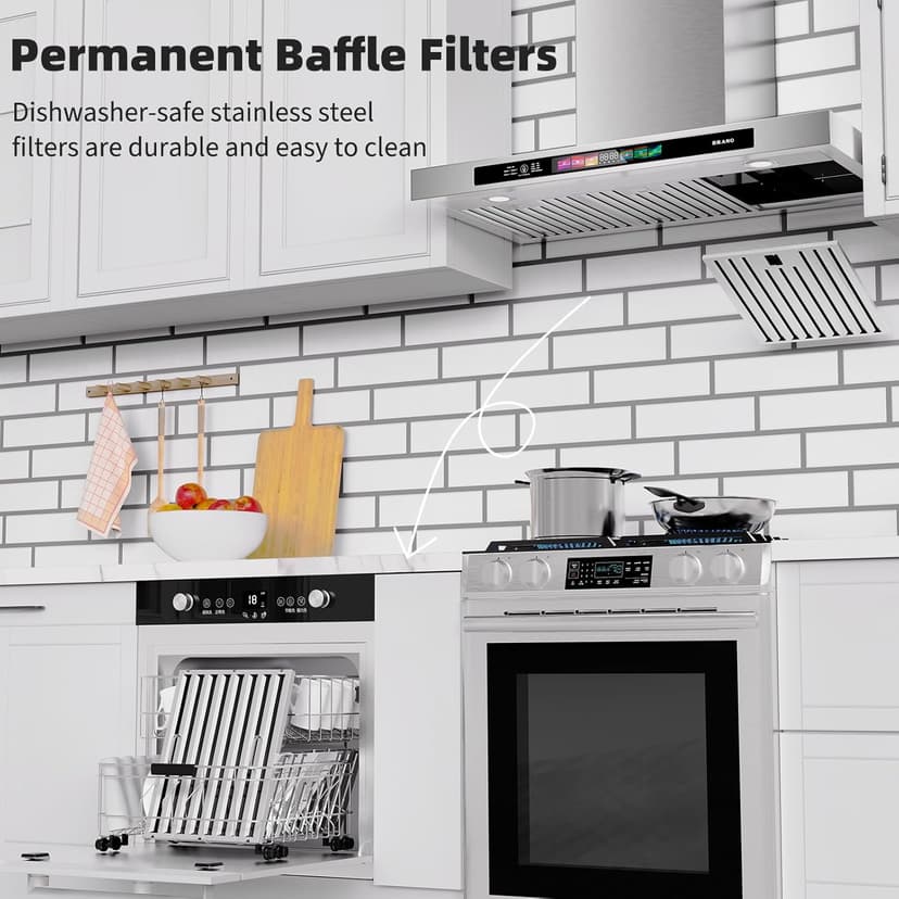 BRANO 30 Inch Wall Mount Range Hood 900 CFM with Voice/Gesture/Touch Control, Stainless Stee Ducted Kitchen Hood Vent with 4 Speed Exhaust Fan, Memory Mode, Adjustable Lights