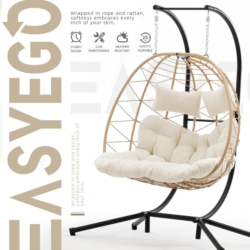 Easyego Double Egg Chair, 2-Person Hammock Chair with Stand, 660LBS Capacity, Thick Padded Cushion, UV Resistant PE Rattan Wicker, Indoor/Outdoor for Garden, Patio, Lawn, Bedroom, Balcony (Beige)