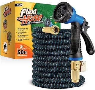 Flexi Hose with 8 Function Nozzle, 50FT - Lightweight Expandable Garden Hose, No-Kink Flexibility, 3/4 Inch Solid Brass Fittings and Double Latex Core