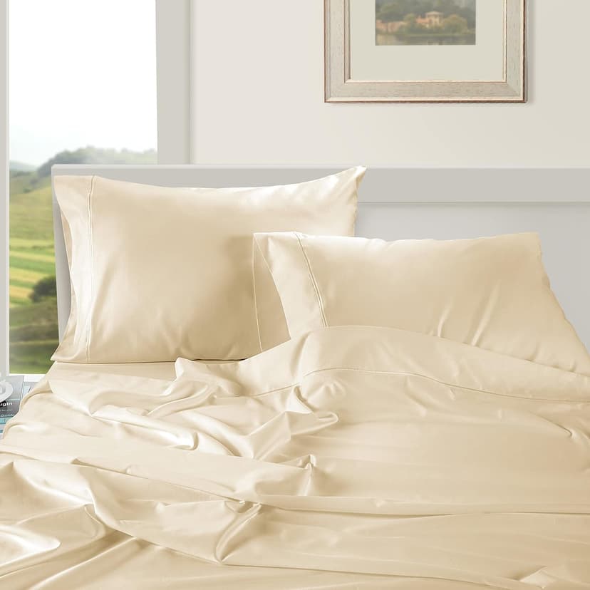LANE LINEN 100% Egyptian Cotton 1000 TC King Bed Sheets, Eco Friendly No Pill Naturally Cooling Sheet King Size, Soft & Comfy Sateen Weave Silky Smooth Finish, Available in Variety of Colors -Ivory