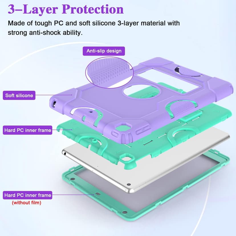 for iPad 9th Generation Case, iPad 8th 7th Generation Case, iPad 10.2 Inch 2021/2020/2019 Case, Heavy Duty Rugged Shockproof Protective Cover with Kickstand for Kids Boys Girls Purple/Green