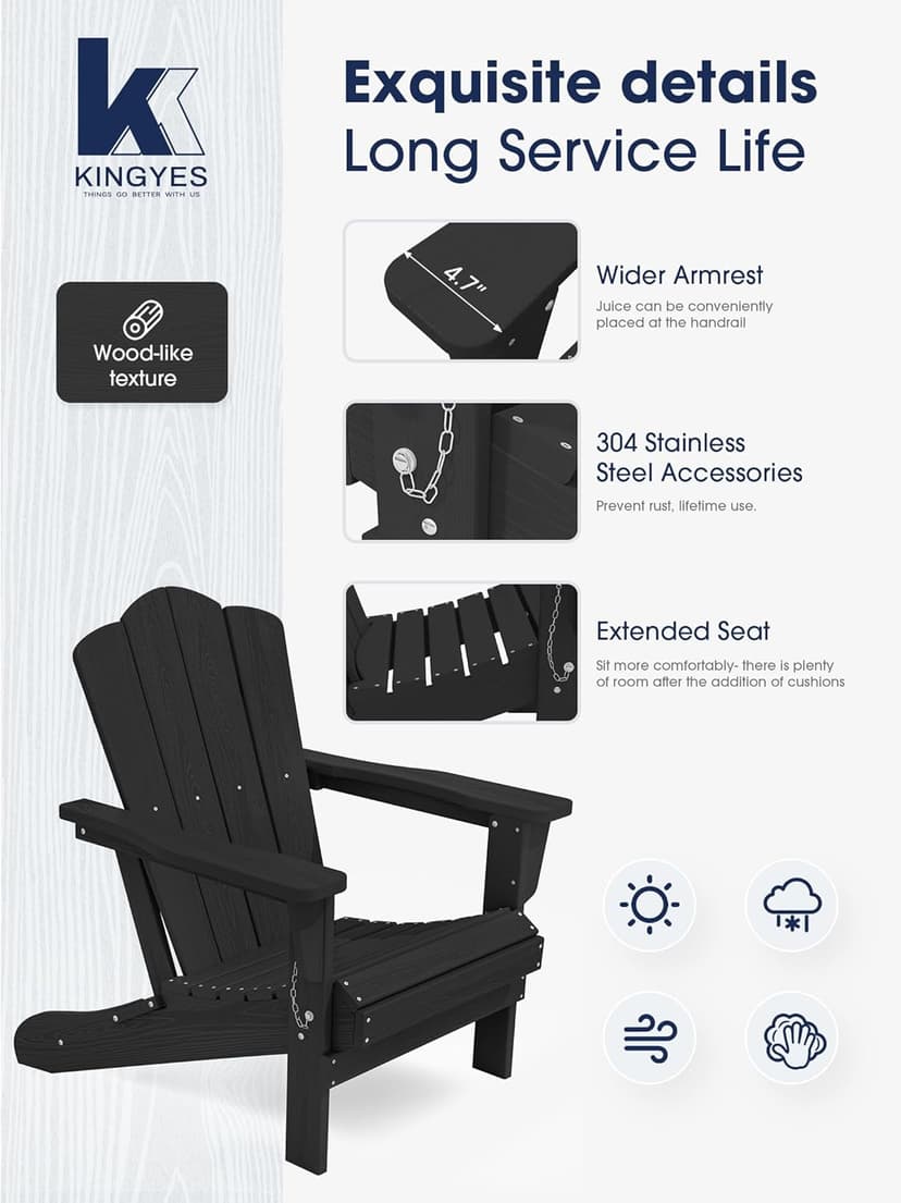 KINGYES Folding Adirondack Chair Set of 6, HDPE All-Weather Patio Chairs, Wooden Textured Lawn Chair for Poolside, Backyard, Deck, Fire Pit, Black