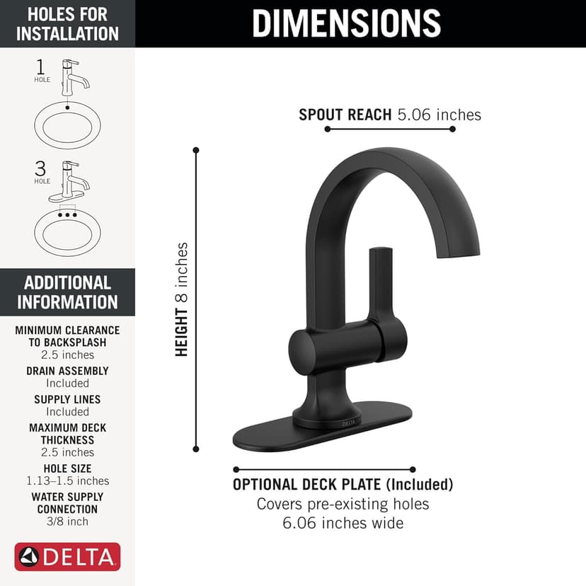 Delta Faucet Albion Single Hole Bathroom Faucet, Matte Black Single Handle Bathroom Faucet, Bathroom Sink Faucet, Metal Push Pop-Up Drain Assembly, 1.2 GPM Flow Rate, Matte Black 15855LF-BL