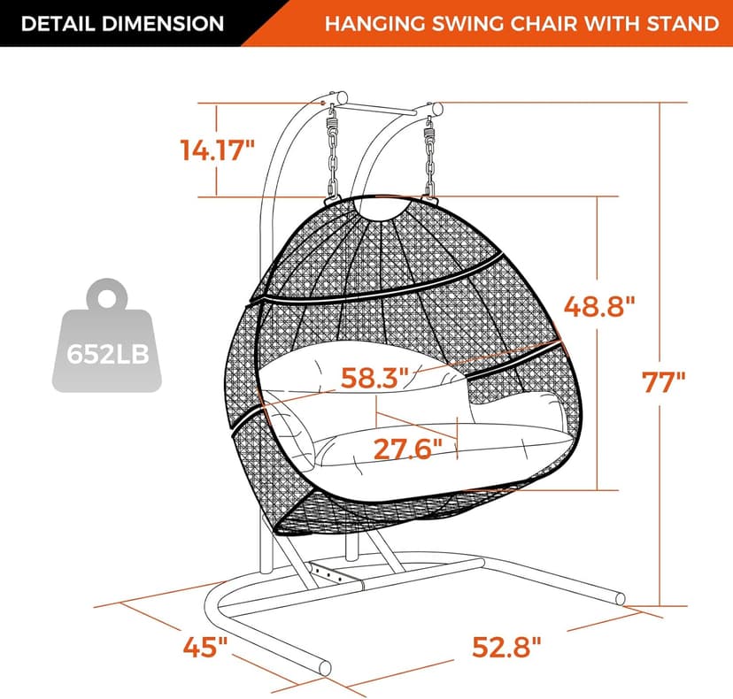 Qwork Double Egg Chair with Stand,2 Person Wicker Rattan Hanging Swing Chair, Hammock Swing Chair UV Resistant Cushion with Stand for Indoor Bedroom Outdoor Garden Backyard