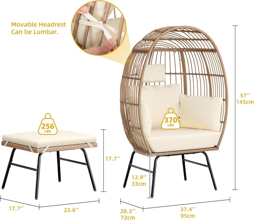 YITAHOME Accent Living Room Egg Chair w/ 2-in-1 Ottoman, Wicker Oversized Basket Chair with 5 Thick Cushions, Footrest, Comfy Recliner Lazy Chair for Indoor, Bedroom, Reading Room, Lounge (Beige)