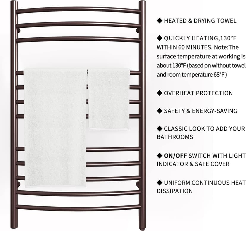 HEATGENE Towel Warmer Venetian Bronze, Electric Hot Towel Rails, Wall-Mounted Large 12 Bars Warming Towel Racks, Plug-in/Hardwired Heated Towel Rails