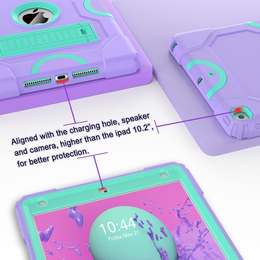 for iPad 9th Generation Case, iPad 8th 7th Generation Case, iPad 10.2 Inch 2021/2020/2019 Case, Heavy Duty Rugged Shockproof Protective Cover with Kickstand for Kids Boys Girls Purple/Green