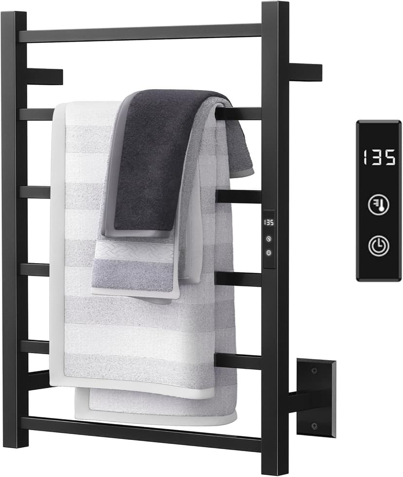 Towel Warmer Rack with 24hr Timer, Matte Black Heated Towel Rack for Bathroom, Plug-in/Hardwired, Wall Mounted 6-Bar Electric Towel Warmer with Temperature Control