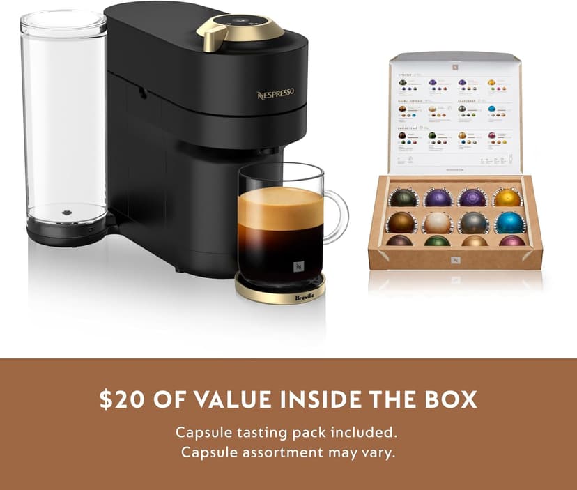 Nespresso Festive Vertuo Pop+ Coffee and Espresso Maker by Breville, Matte Black Gold