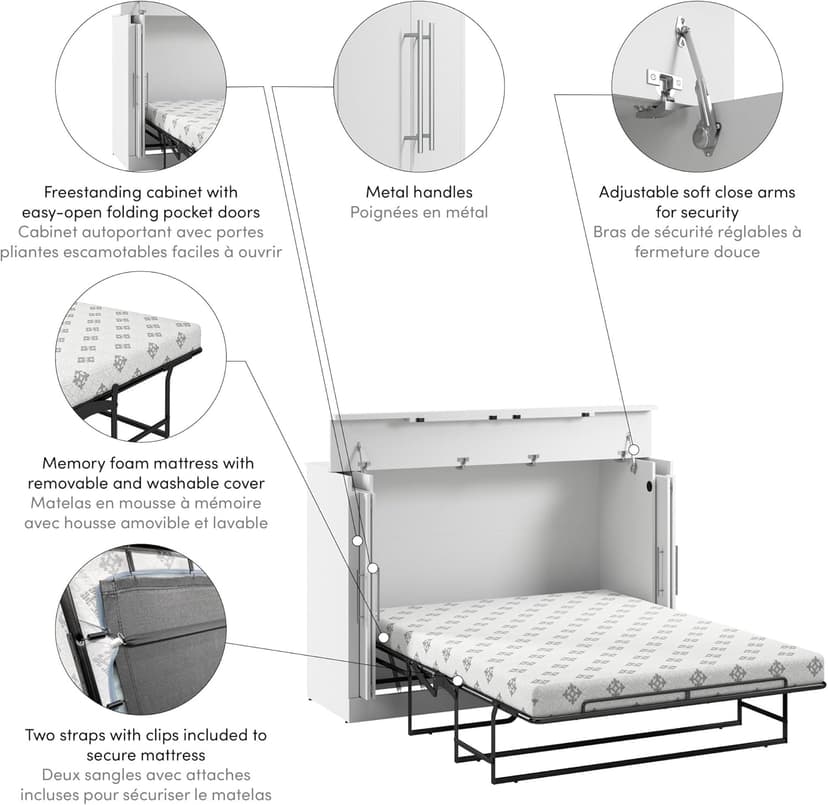 Bestar Nebula 75W Queen Size Murphy Cabinet Bed with Mattress in White, 75-inch Space-Saving Sleeping Arrangement for Multipurpose Guest Room or Home Office