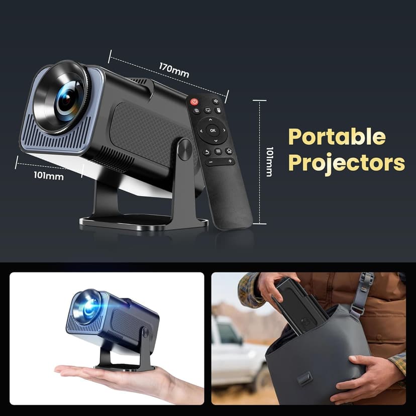 Smart Mini Projector with WiFi and Bluetooth,4k Portable Projector, 180° Rotating Adjustment with Android, Home Videoprojector with Auto Keystone Correction , Black