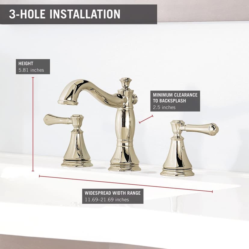 Delta Faucet Cassidy Widespread Bathroom Faucet 3 Hole, Bathroom Sink Faucet, Metal Drain Assembly, Polished Nickel 3597LF-PNMPU