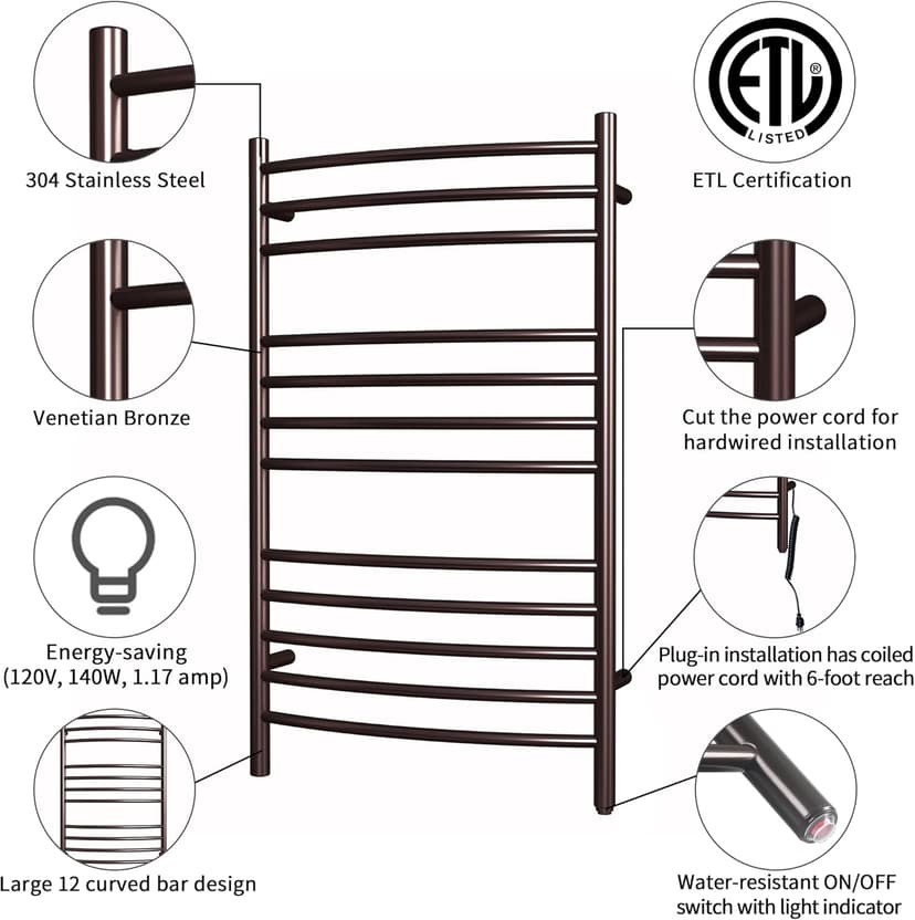 HEATGENE Towel Warmer Venetian Bronze, Electric Hot Towel Rails, Wall-Mounted Large 12 Bars Warming Towel Racks, Plug-in/Hardwired Heated Towel Rails