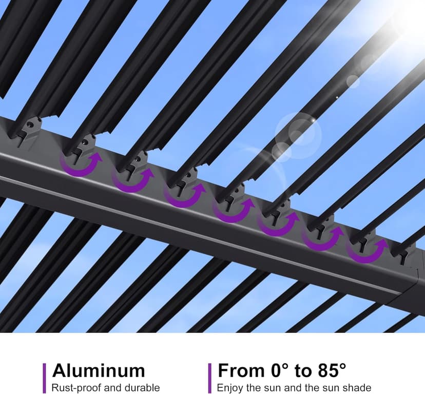 PURPLE LEAF Solar Louvered Pergola 92KS 10' x 12' with LED String Lights and Control Panel Aluminum Outdoor Pergola with Adjustable Roof for Patio Deck Garden Yard Gray