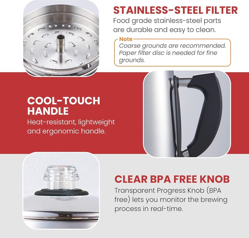 Elite Gourmet EC923 Electric Coffee Percolator, BPA Free, Keep Warm, Clear Brew Progress Knob, Cool-Touch Handle, Cordless Serve, 12-Cup, Stainless Steel
