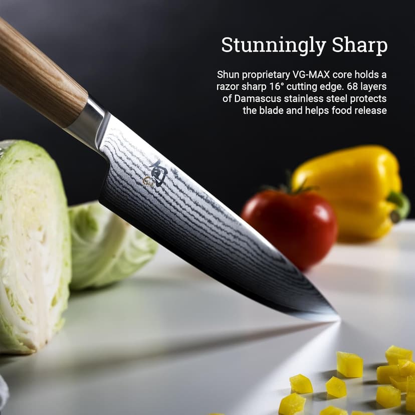 Shun Classic Blonde 8" Chef's Knife, Handcrafted Japanese Kitchen Knife for Professional and Home Chefs, VG-MAX Core with Damascus Stainless Steel Cladding, Pakkawood Handle