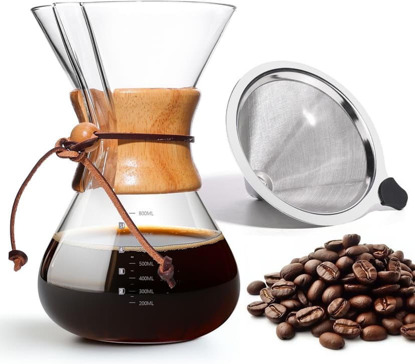 Pour Over Coffee Maker 27 OZ, 8 Cup Borosilicate Glass Drip Coffee Maker with Reusable Stainless Steel Filter and Cork Grip for Home Café 800 ML