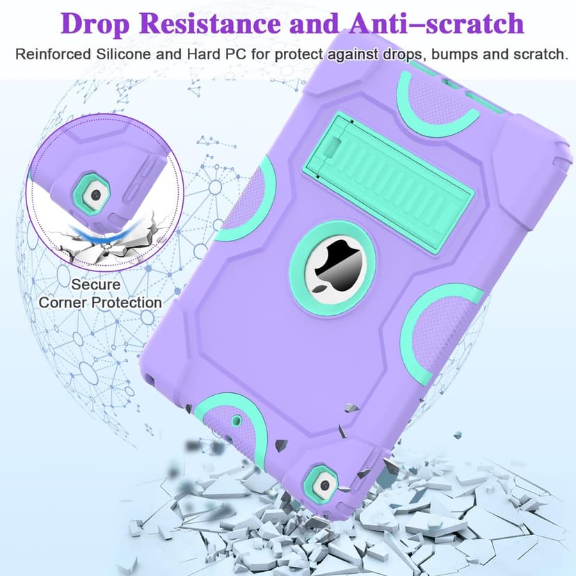 for iPad 9th Generation Case, iPad 8th 7th Generation Case, iPad 10.2 Inch 2021/2020/2019 Case, Heavy Duty Rugged Shockproof Protective Cover with Kickstand for Kids Boys Girls Purple/Green