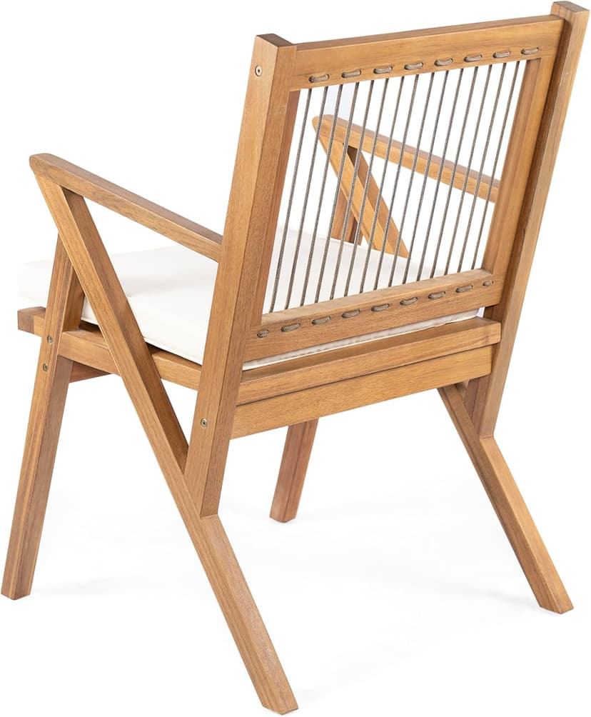 Christopher Knight Home Becker Outdoor Dining Chairs Set of 2 with Cushion, Acacia Wood Dining Room Armchair Set, Garden Chair Set with Handwoven Accent, Patio Dinners Comfy Extra Seat, Cream + Teak