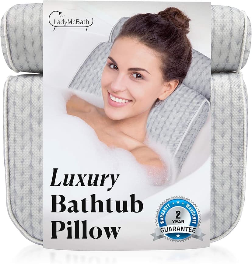 Lady McBath Bath Pillow - Luxury Bath Pillows for Tub Neck and Back Support - Powerful Suction Cups, Machine Washable Bathtub Accessory for Relaxation (Grey)