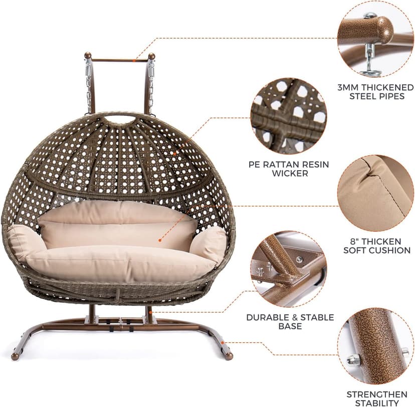 Qwork Double Egg Chair with Stand,2 Person Wicker Rattan Hanging Swing Chair, Hammock Swing Chair UV Resistant Cushion with Stand for Indoor Bedroom Outdoor Garden Backyard