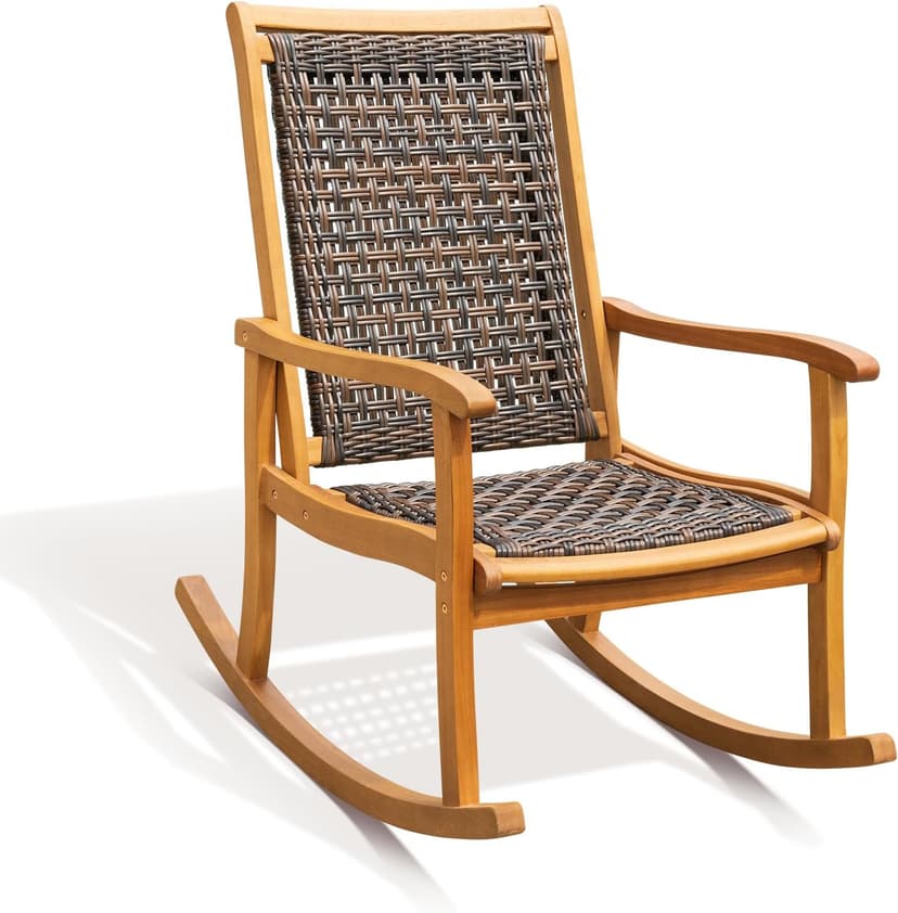IDZO Wood Wicker Rocking Chair, 400 lbs Capacity, Durable Eucalyptus Wood, Natural Finish, Comfortable Curvy Design, Ideal for Deck, Patio Furniture, and Outdoor Furniture Accent Chair