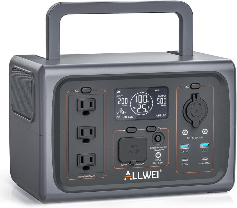 ALLWEI Portable Power Station 500W, 512Wh LiFePO4 Battery, UPS Function, 2.5Hrs Fast Charge, 3 AC Outlets(Surge 1000W), Solar Generator for Outdoor Camping RV CPAP Home Emergency