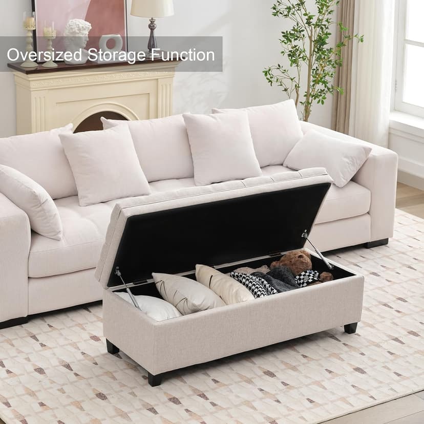 50 Inch Fabric Storage Ottoman, End of Bed Bench with Large Storage, Modern Upholstered Tufted Bench with Wood Legs, Beige