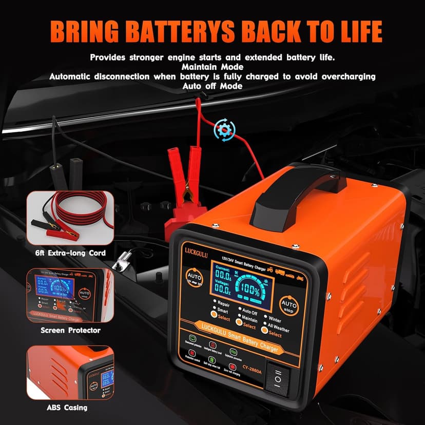 12V/24V Car Battery Chargers Heavy Duty, 0-20A Automatic Battery Maintainer with Auto Shutoffs, Repair, Winter Mode, Smart Trickle Charger for Automotive Car Truck Motorcycle RV AGM Deep Cycle