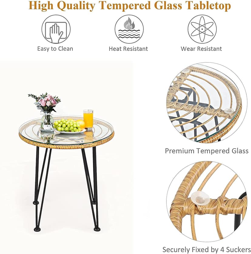 Bistro Table and Chairs Set of 2, Outdoor Patio Rattan Chair & Tempered Glass Coffee Table Set w/Removable Washable Beige Cushion Cafe Set for Indoor Balcony, Poolside, Garden (Pale Brown)