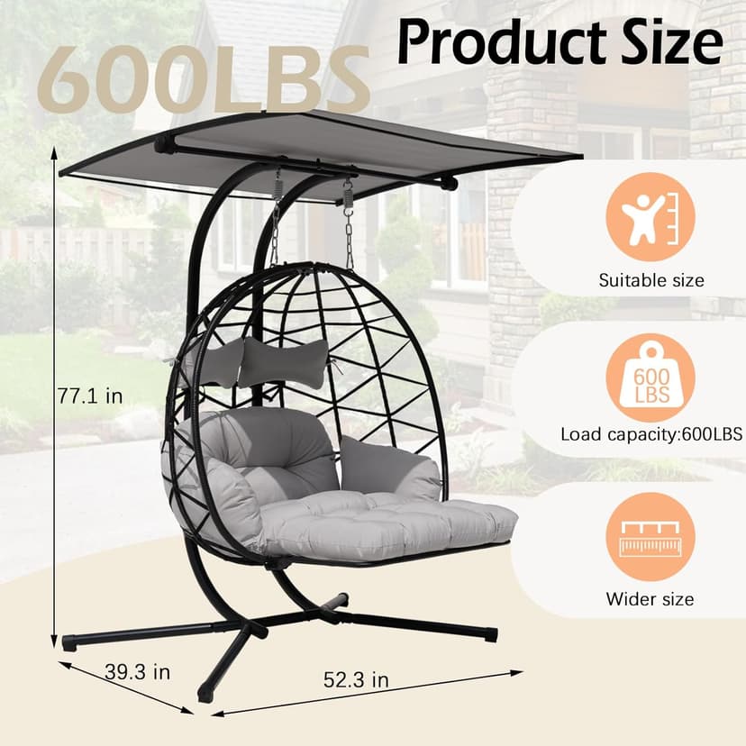 Double Egg Chair Outdoor with Stand & Adjustable and Removable Canopy, Foldable Leg Rest, Leg Support Bracket Tube Thickened Treatment, 600lbs Capacity for Bedroom, Balcony, Garden (HQH)