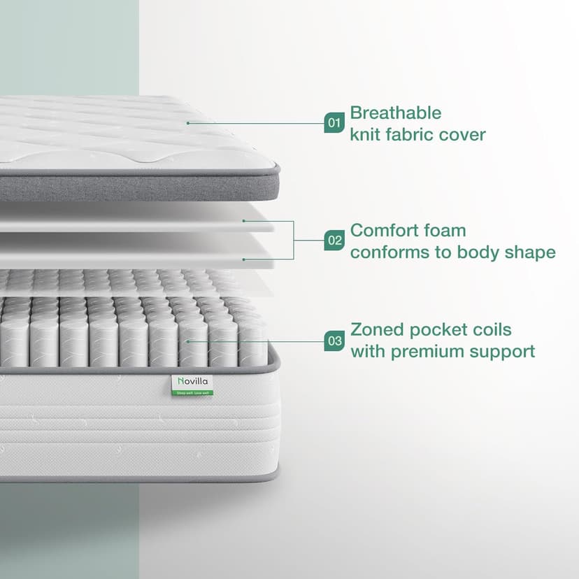 Novilla Twin Mattress, 10 Inch Twin Hybrid Mattress for Kids, Pocket Innerspring Pillow Top Mattresses for Motion Isolation, Pressure Relief & Edge Support,Soft Feel but Supportive
